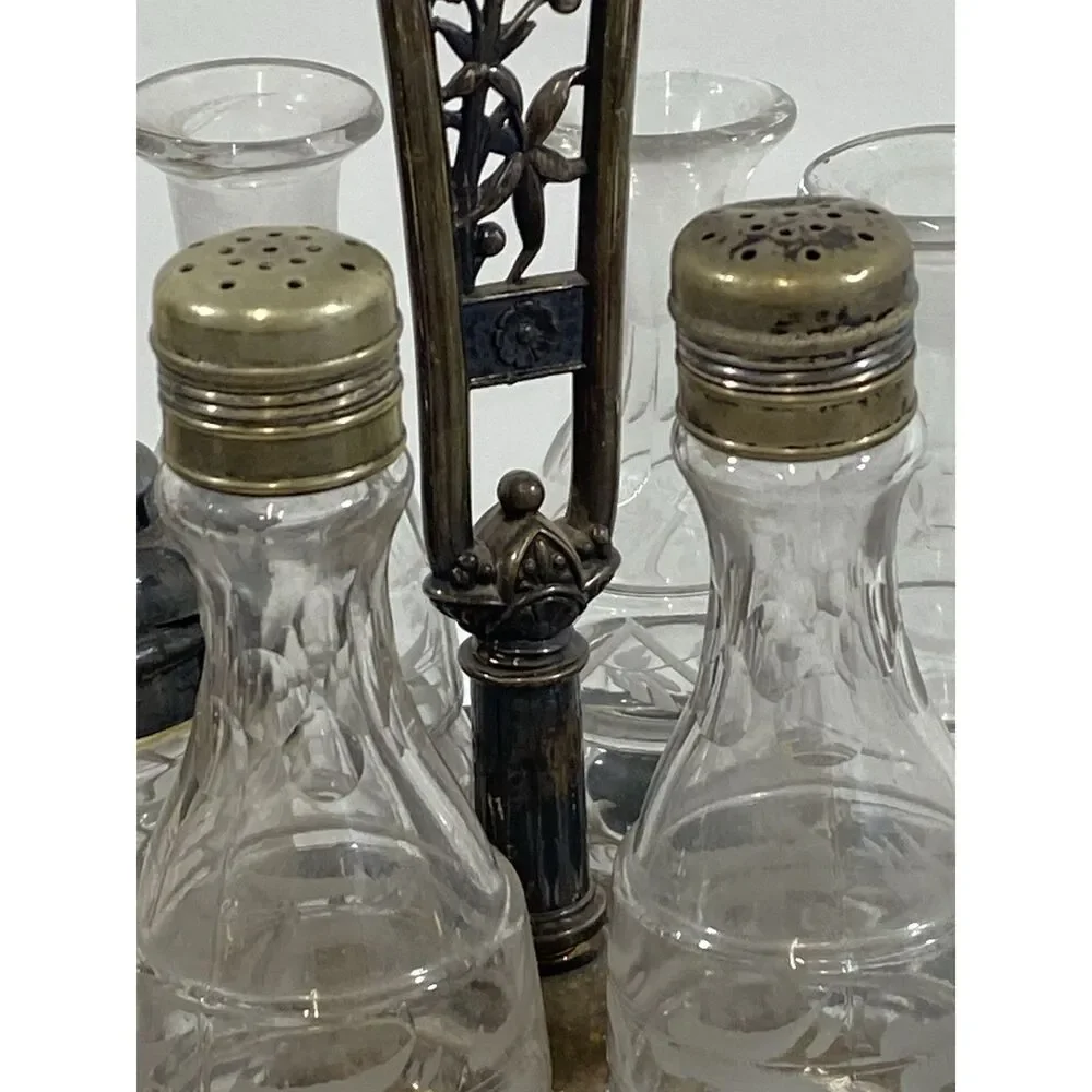 Antique Victorian Simpson Hall Miller Quadruple Plate Spinning Condiment Set 18”